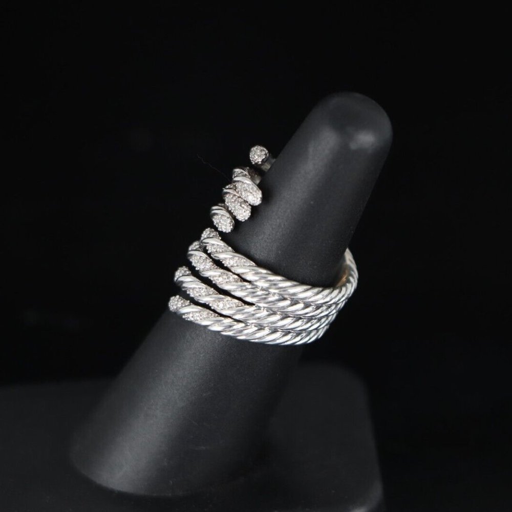 David Yurman Sterling Silver Pave Diamond 4 Row Willow Cocktail Ring Band 6 - Picture 7 of 7